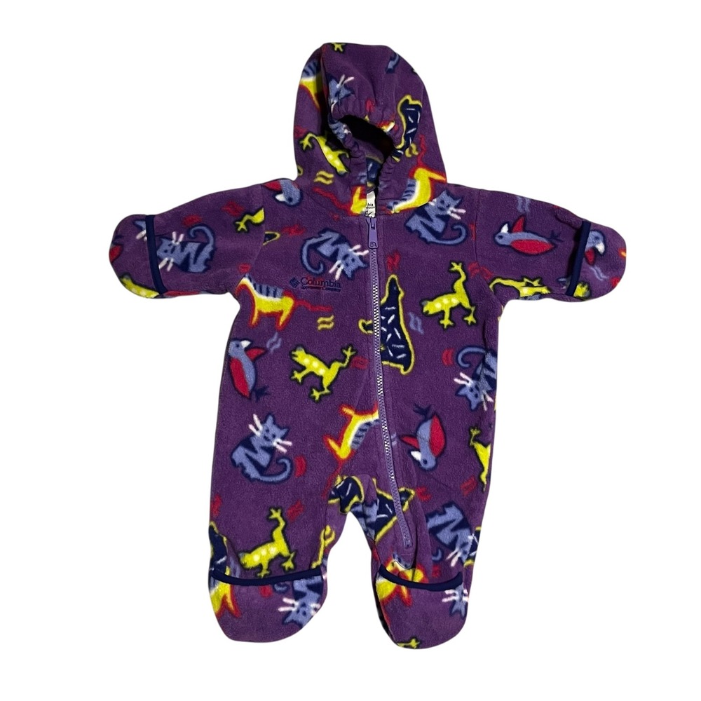 Vintage Columbia Fleece Bunting Suit Purple Animal Print Hooded 0-6 Months